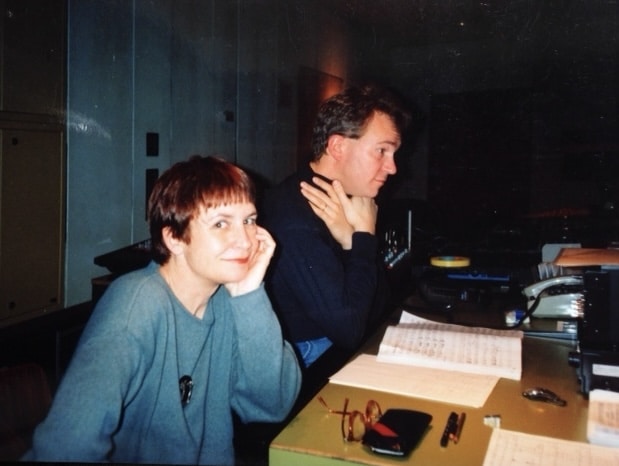Avec Eva Coutaz, directrice artistique de harmonia mundi France (studio du Deutschlandfunk, Cologne, probablement en 1992)
